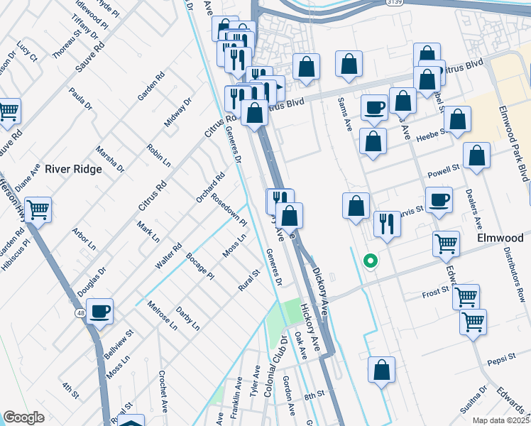 map of restaurants, bars, coffee shops, grocery stores, and more near 1400 Hickory Avenue in Harahan