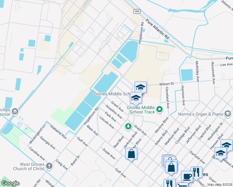 map of restaurants, bars, coffee shops, grocery stores, and more near 5510 Garfield Avenue in Groves