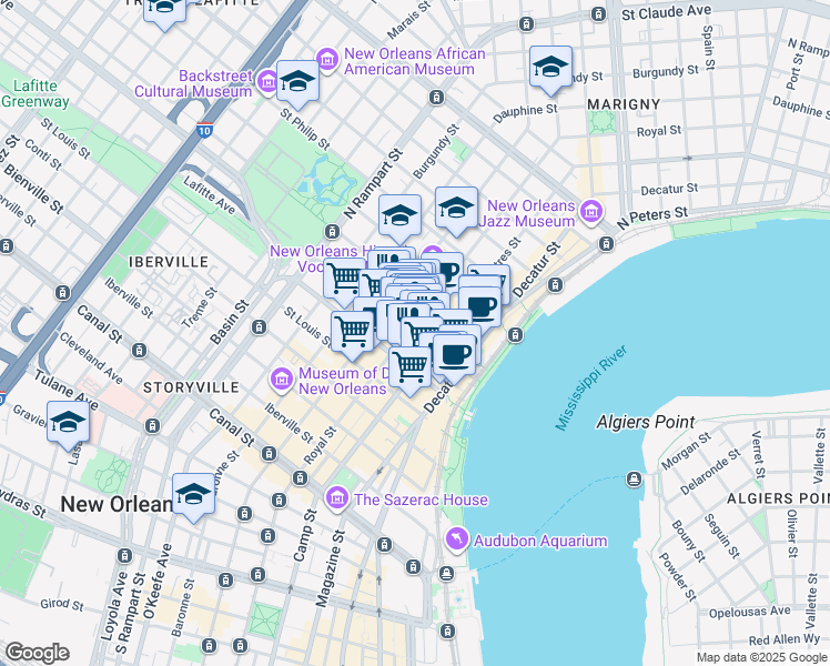 map of restaurants, bars, coffee shops, grocery stores, and more near 631 Saint Peter in New Orleans
