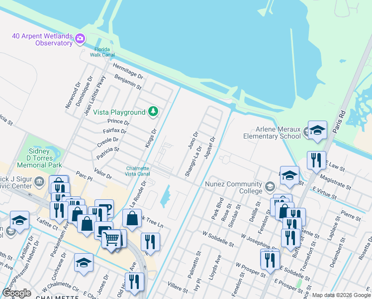 map of restaurants, bars, coffee shops, grocery stores, and more near 3820 Juno Drive in Chalmette