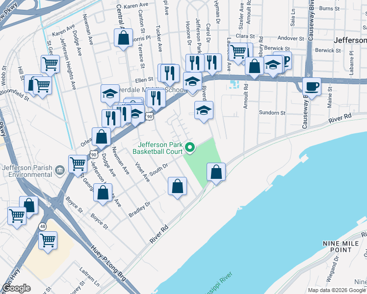 map of restaurants, bars, coffee shops, grocery stores, and more near 401 Audubon Trace in Jefferson