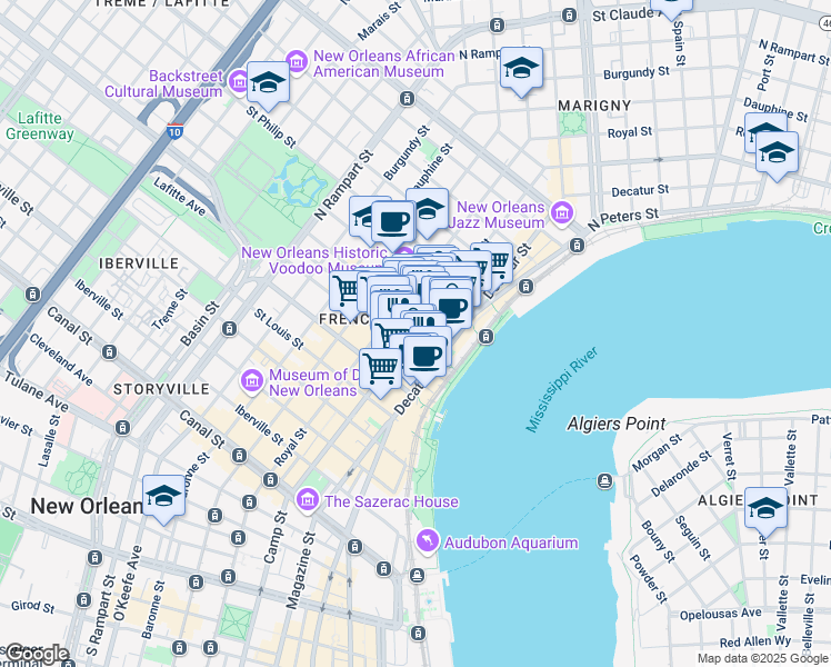 map of restaurants, bars, coffee shops, grocery stores, and more near 751 Chartres Street in New Orleans