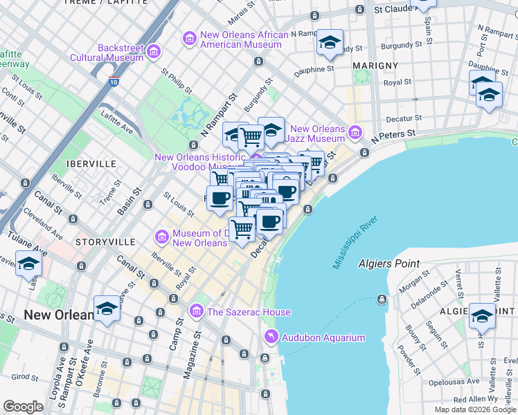 map of restaurants, bars, coffee shops, grocery stores, and more near 615 Pere Antoine Alley in New Orleans