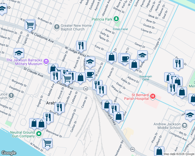 map of restaurants, bars, coffee shops, grocery stores, and more near in Arabi
