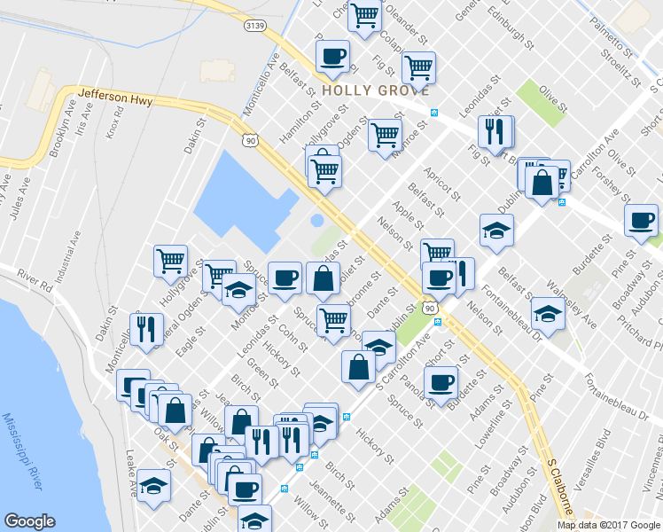 map of restaurants, bars, coffee shops, grocery stores, and more near 2209 Leonidas Street in New Orleans
