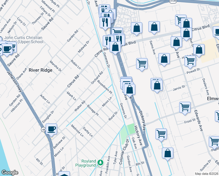 map of restaurants, bars, coffee shops, grocery stores, and more near 9177 Rosedown Place in River Ridge
