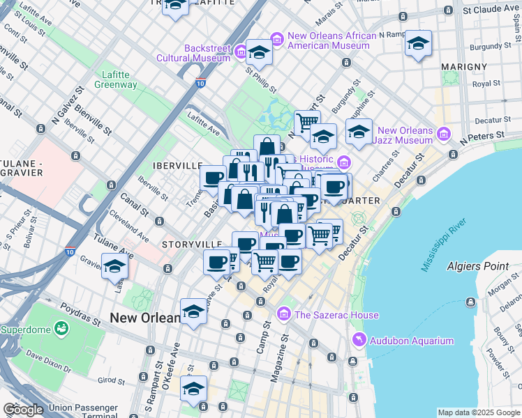 map of restaurants, bars, coffee shops, grocery stores, and more near 430 Burgundy Street in New Orleans