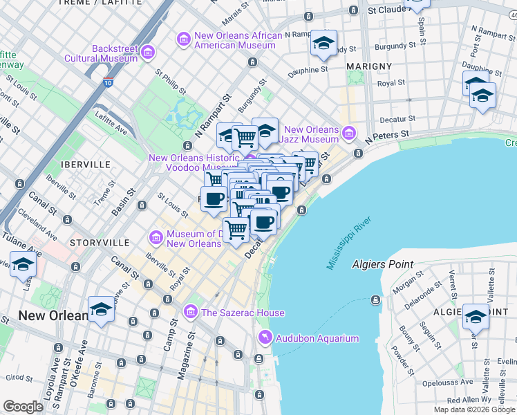 map of restaurants, bars, coffee shops, grocery stores, and more near 751 Chartres Street in New Orleans