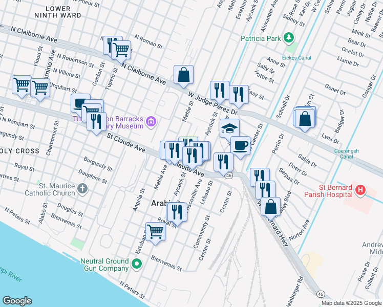 map of restaurants, bars, coffee shops, grocery stores, and more near 10 Pamela Place in Arabi