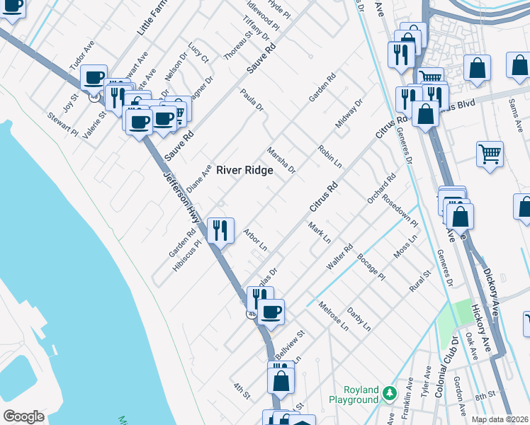 map of restaurants, bars, coffee shops, grocery stores, and more near 223 Midway Drive in River Ridge