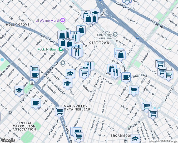 map of restaurants, bars, coffee shops, grocery stores, and more near 3110 Broadway Street in New Orleans