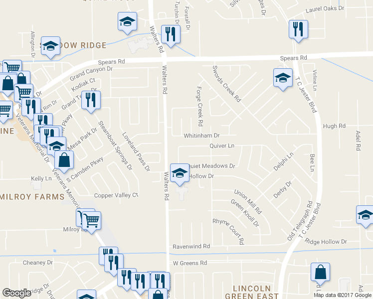 map of restaurants, bars, coffee shops, grocery stores, and more near 2803 Quiver Lane in Houston