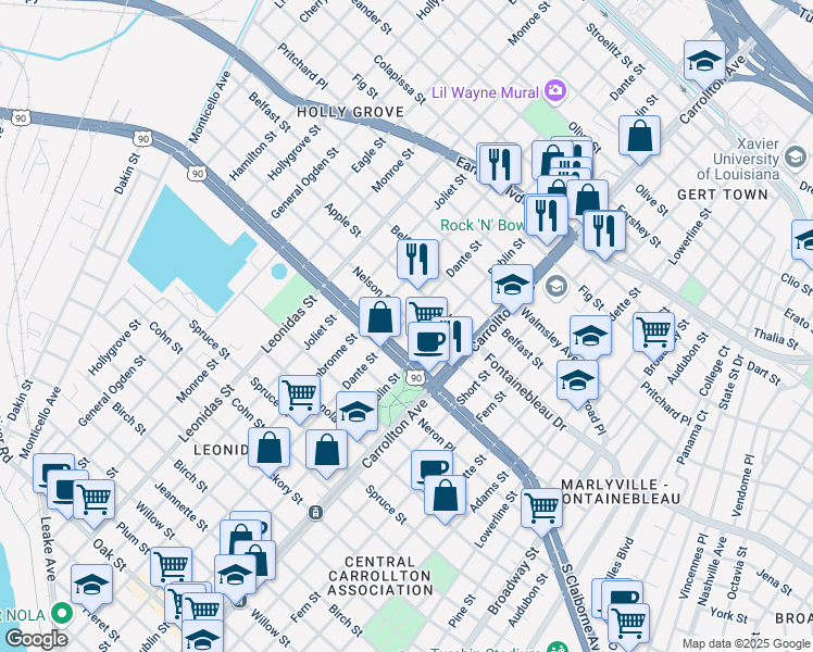 map of restaurants, bars, coffee shops, grocery stores, and more near 8238 Nelson Street in New Orleans