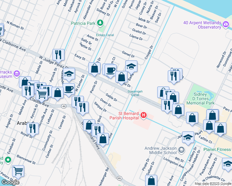 map of restaurants, bars, coffee shops, grocery stores, and more near 621 Alpaca Drive in Arabi