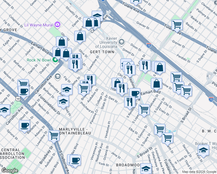 map of restaurants, bars, coffee shops, grocery stores, and more near 3236 Bloomingdale Court in New Orleans