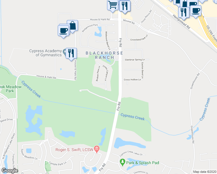 map of restaurants, bars, coffee shops, grocery stores, and more near 12306 Cross Canyon Lane in Cypress