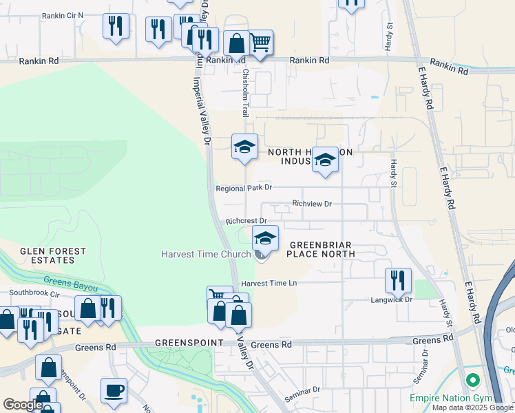 map of restaurants, bars, coffee shops, grocery stores, and more near 17919 Greenrich Drive in Houston