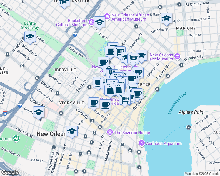 map of restaurants, bars, coffee shops, grocery stores, and more near 522 Dauphine Street in New Orleans