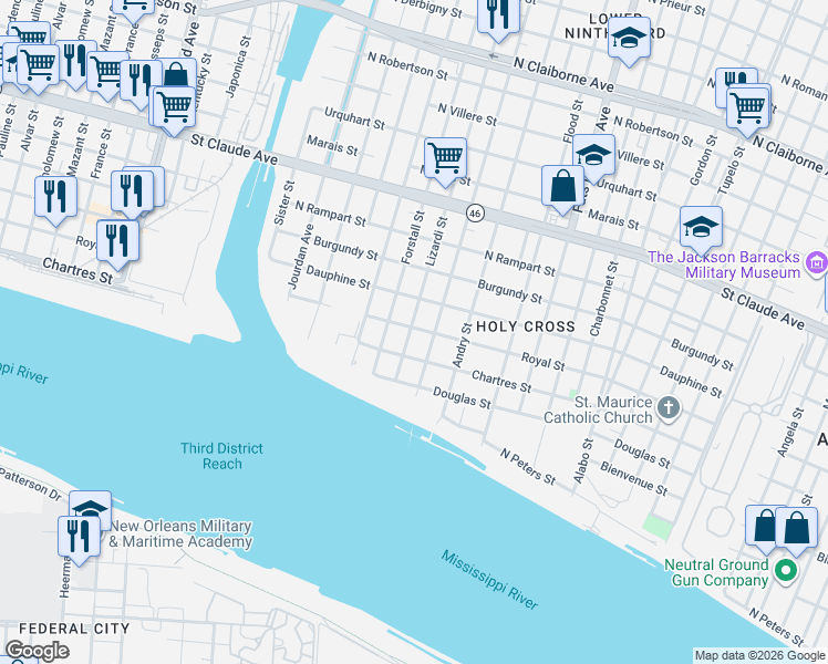 map of restaurants, bars, coffee shops, grocery stores, and more near 5110 Royal Street in New Orleans