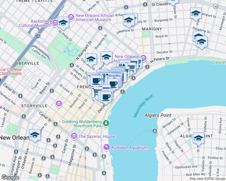 map of restaurants, bars, coffee shops, grocery stores, and more near 820 Decatur Street in New Orleans