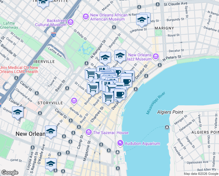 map of restaurants, bars, coffee shops, grocery stores, and more near in New Orleans