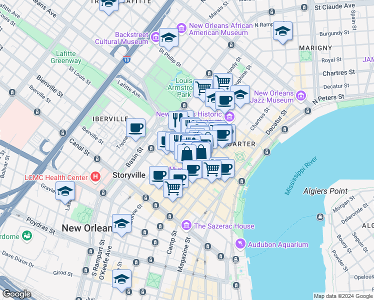 map of restaurants, bars, coffee shops, grocery stores, and more near 522 Dauphine Street in New Orleans