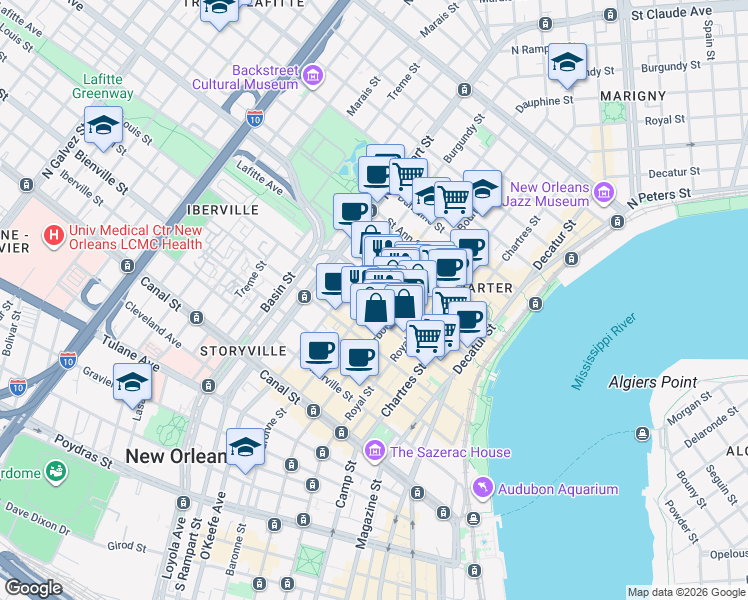 map of restaurants, bars, coffee shops, grocery stores, and more near 522 Dauphine Street in New Orleans