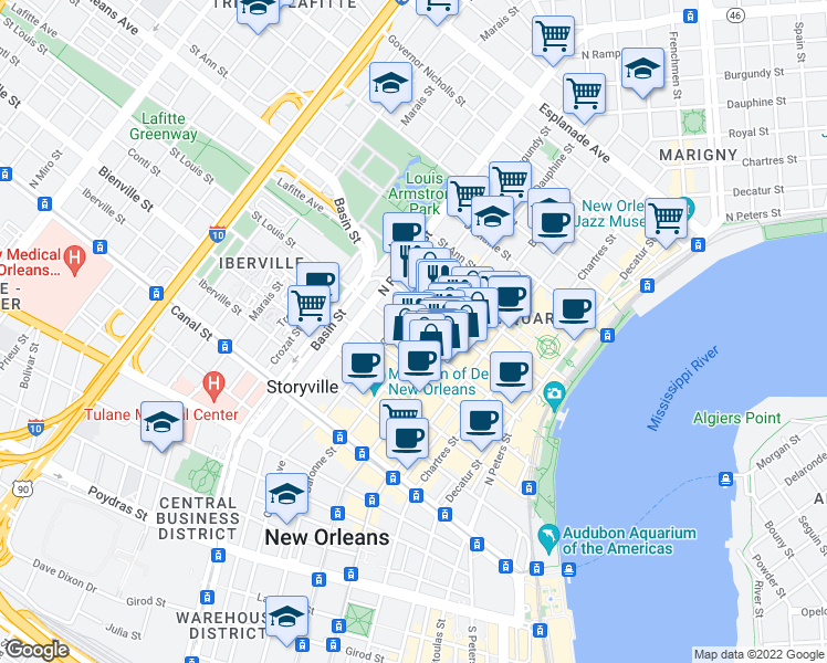 map of restaurants, bars, coffee shops, grocery stores, and more near 522 Dauphine Street in New Orleans