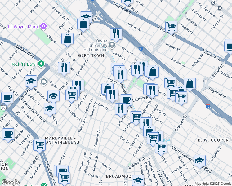 map of restaurants, bars, coffee shops, grocery stores, and more near 1199 South Norman C Francis Parkway in New Orleans