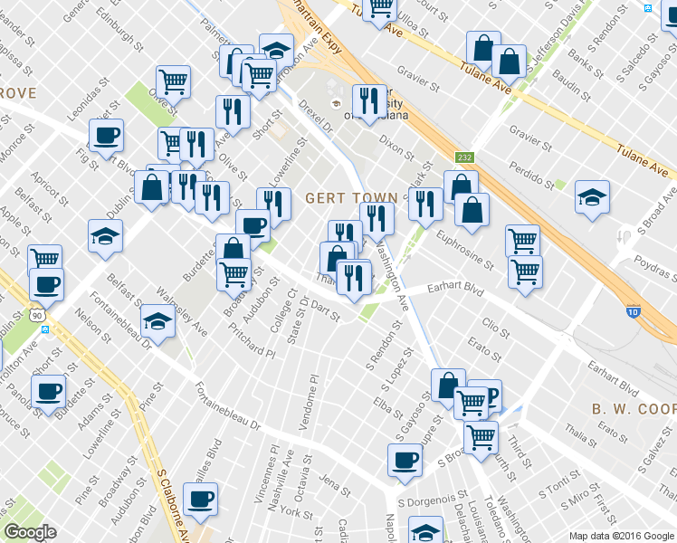 map of restaurants, bars, coffee shops, grocery stores, and more near 1316 South Genois Street in New Orleans