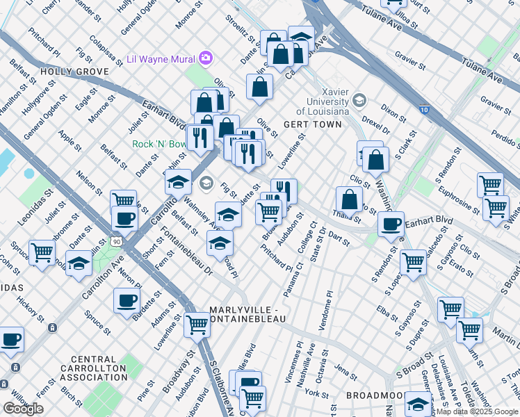 map of restaurants, bars, coffee shops, grocery stores, and more near 7302 Colapissa Street in New Orleans