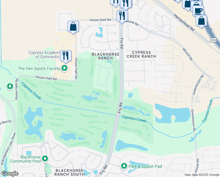 map of restaurants, bars, coffee shops, grocery stores, and more near 12306 Cross Canyon Lane in Cypress