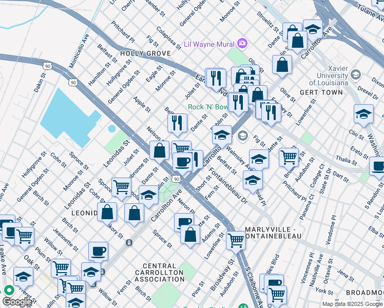 map of restaurants, bars, coffee shops, grocery stores, and more near 2539 Dublin Street in New Orleans