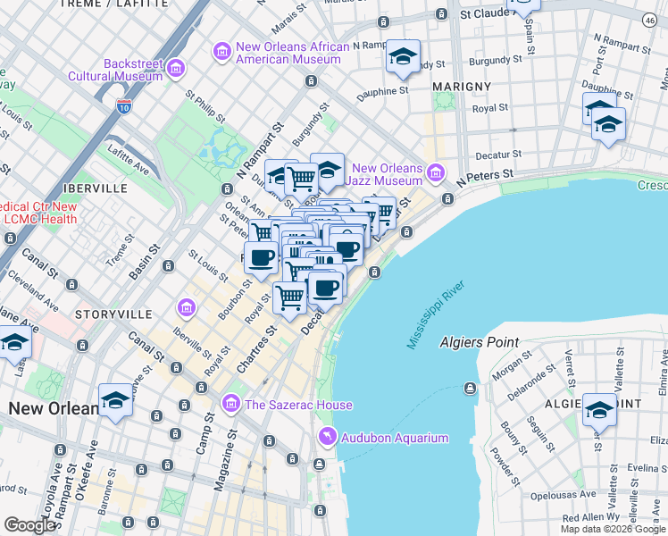 map of restaurants, bars, coffee shops, grocery stores, and more near 625 Saint Ann Street in New Orleans