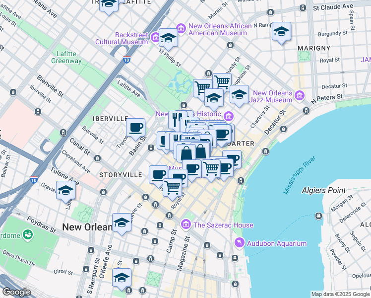 map of restaurants, bars, coffee shops, grocery stores, and more near 522 Dauphine Street in New Orleans