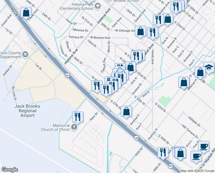 map of restaurants, bars, coffee shops, grocery stores, and more near 204 N 37th St in Nederland