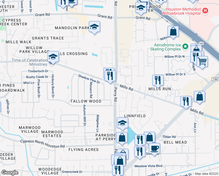 map of restaurants, bars, coffee shops, grocery stores, and more near 12707 Marble Drive in Houston