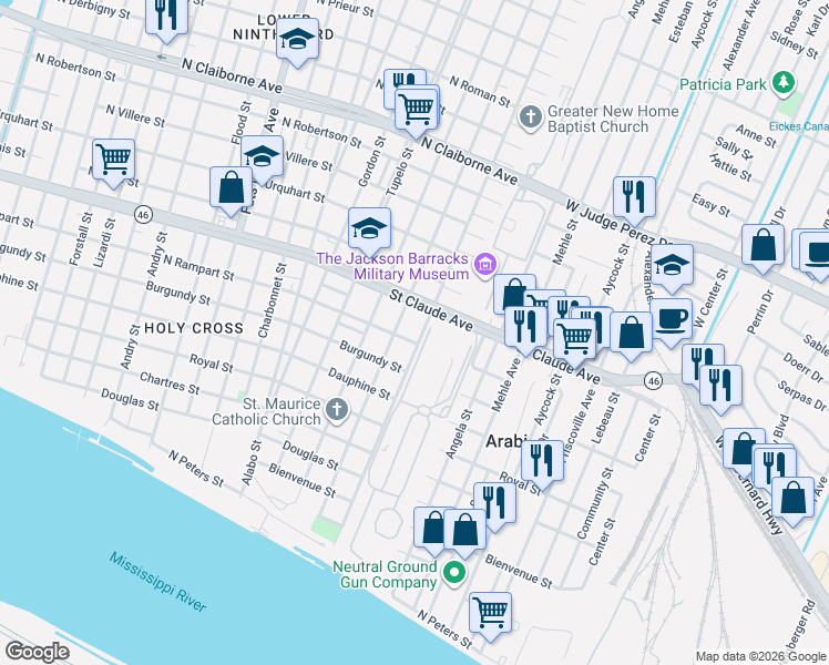 map of restaurants, bars, coffee shops, grocery stores, and more near 1012 Delery Street in New Orleans