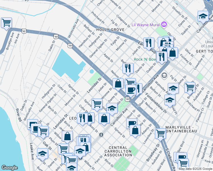 map of restaurants, bars, coffee shops, grocery stores, and more near 2309 Joliet Street in New Orleans