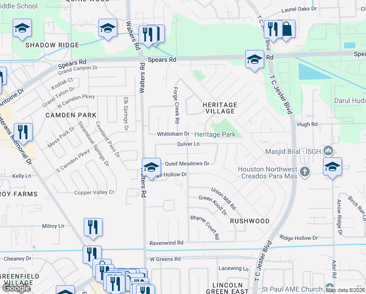 map of restaurants, bars, coffee shops, grocery stores, and more near 2611 Quiver Lane in Houston