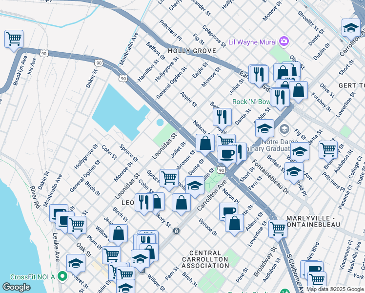 map of restaurants, bars, coffee shops, grocery stores, and more near 2309 Joliet Street in New Orleans