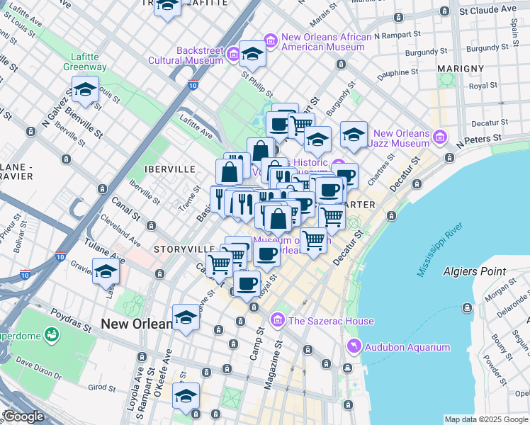 map of restaurants, bars, coffee shops, grocery stores, and more near 921 Saint Louis Street in New Orleans