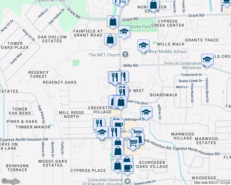map of restaurants, bars, coffee shops, grocery stores, and more near 12777 Jones Road in Houston