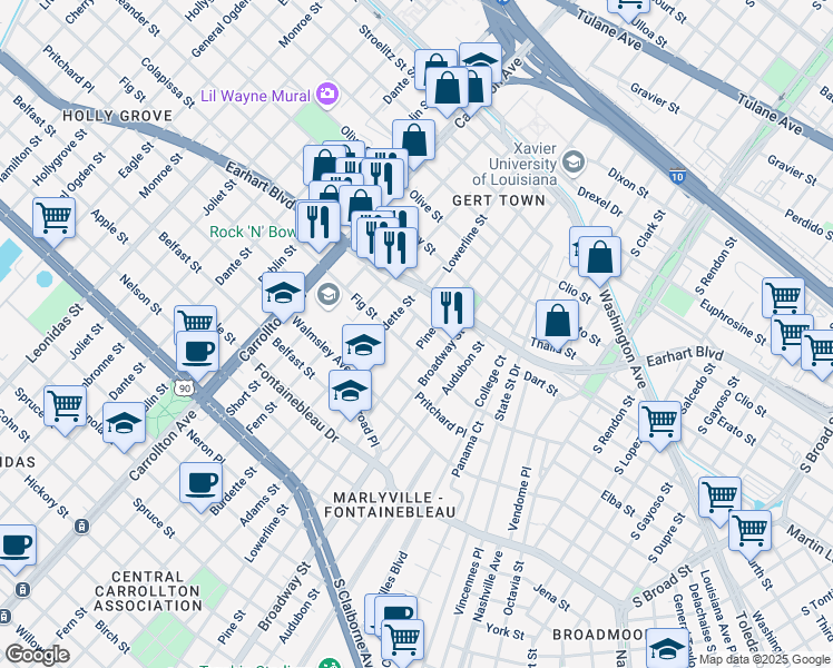 map of restaurants, bars, coffee shops, grocery stores, and more near 7302 Colapissa Street in New Orleans