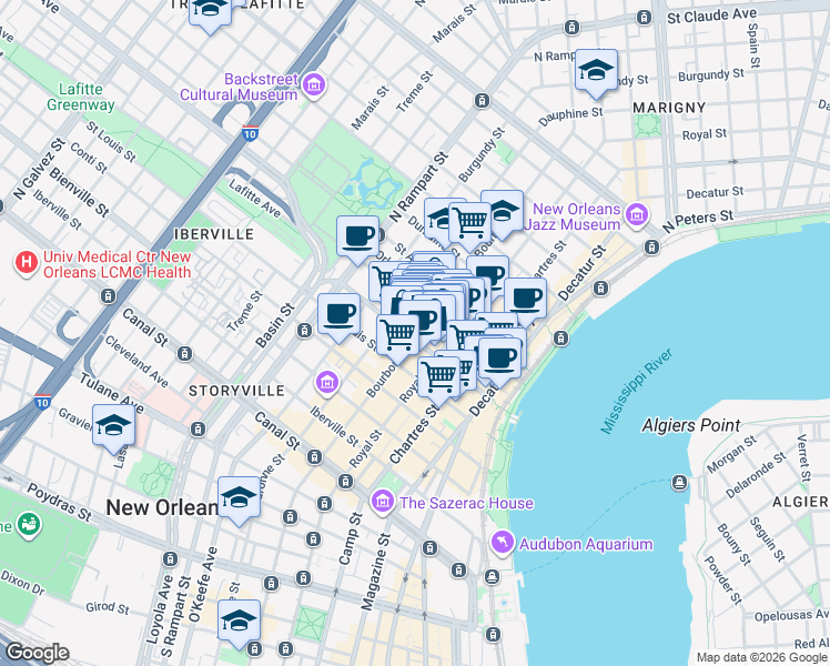 map of restaurants, bars, coffee shops, grocery stores, and more near in New Orleans