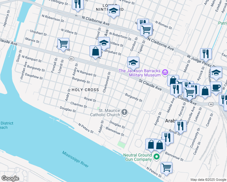 map of restaurants, bars, coffee shops, grocery stores, and more near 5912 Burgundy Street in New Orleans