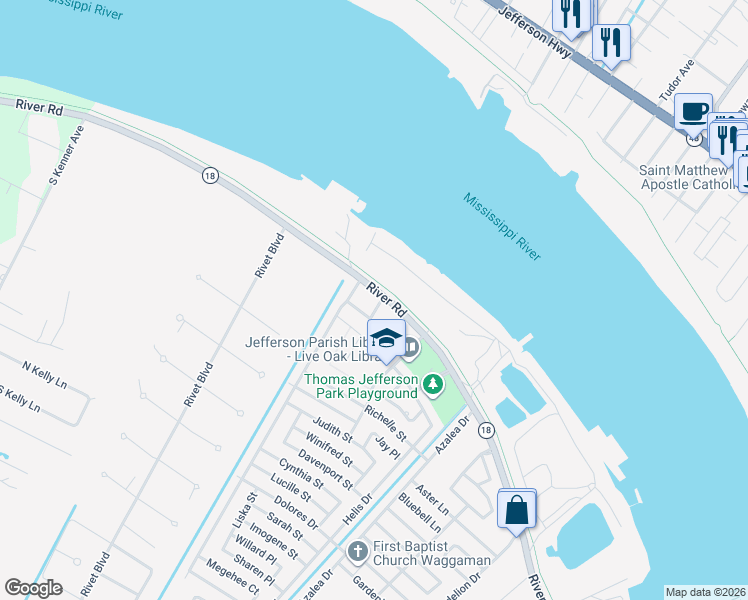 map of restaurants, bars, coffee shops, grocery stores, and more near 100 Rusty Road in Westwego