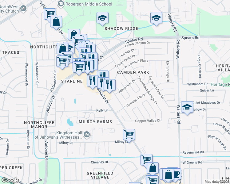 map of restaurants, bars, coffee shops, grocery stores, and more near 11950 Guadalupe River Drive in Houston