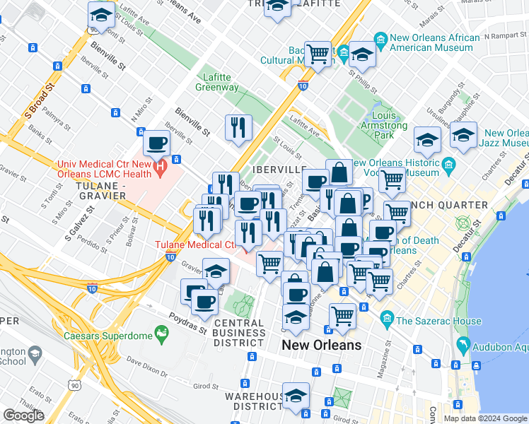 map of restaurants, bars, coffee shops, grocery stores, and more near 125 Marais Street in New Orleans