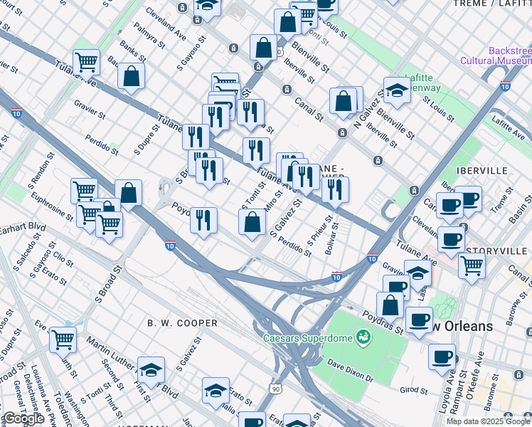 map of restaurants, bars, coffee shops, grocery stores, and more near 620 South Miro Street in New Orleans